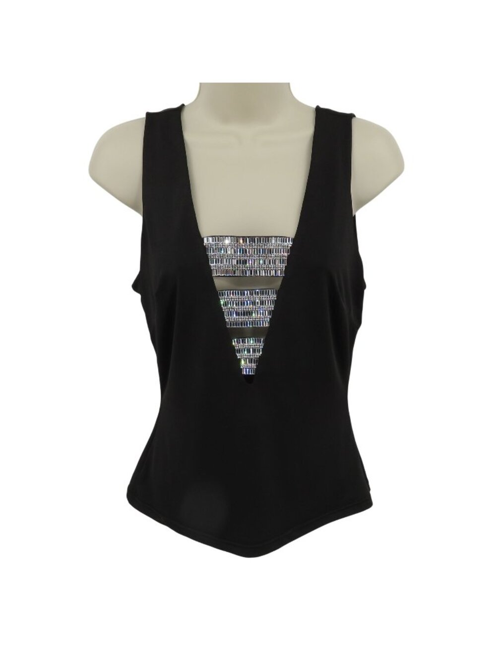 Bebe Women Small Black Deep V Neck Rhinestone Bling Tank Top Shirt Blouse Y2K